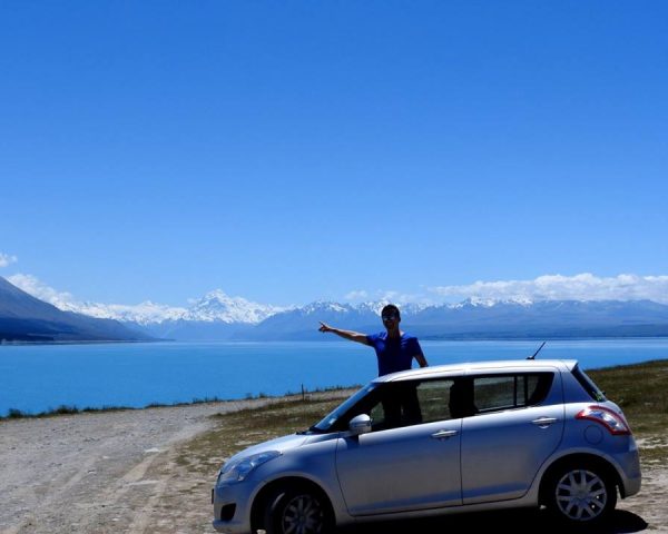 Dad and our little car at Lake Pukaki