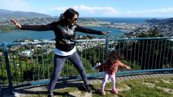 Happy Lara and Mom in Wellington. Lara is the world's youngest travel blogger.