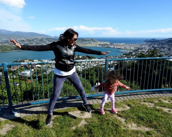 Happy Lara and Mom in Wellington. Lara is the world's youngest travel blogger.