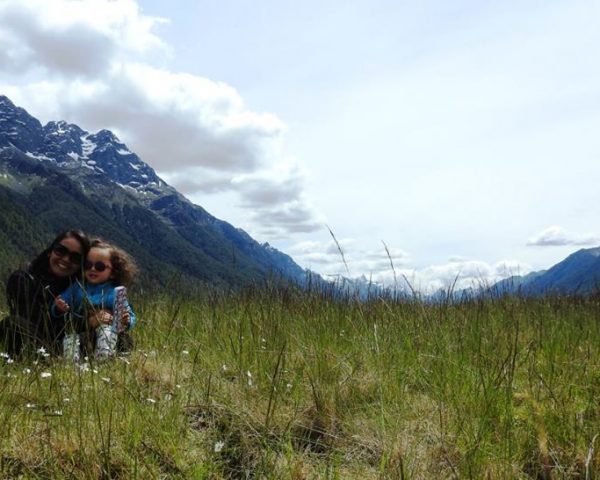 Lara and Mom on the way to Milford Sound, Fiordland National Park.